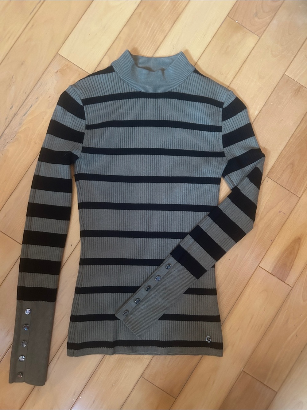 Guess Olive & Black Striped Ribbed Mock Neck Sweater